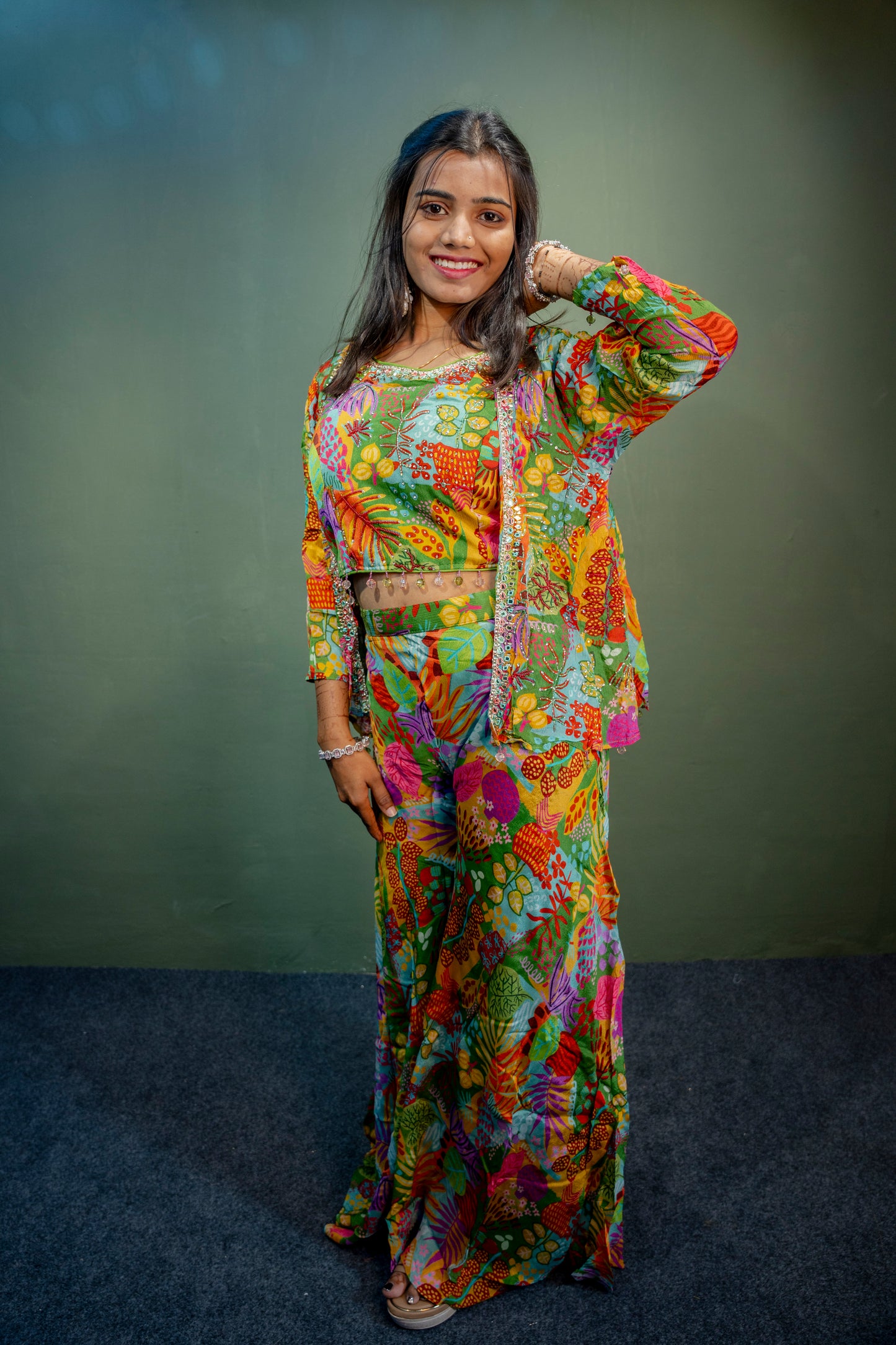 Sophisticated Multi-Colour Piping & Stone Work Indo-Western 3-Piece Set