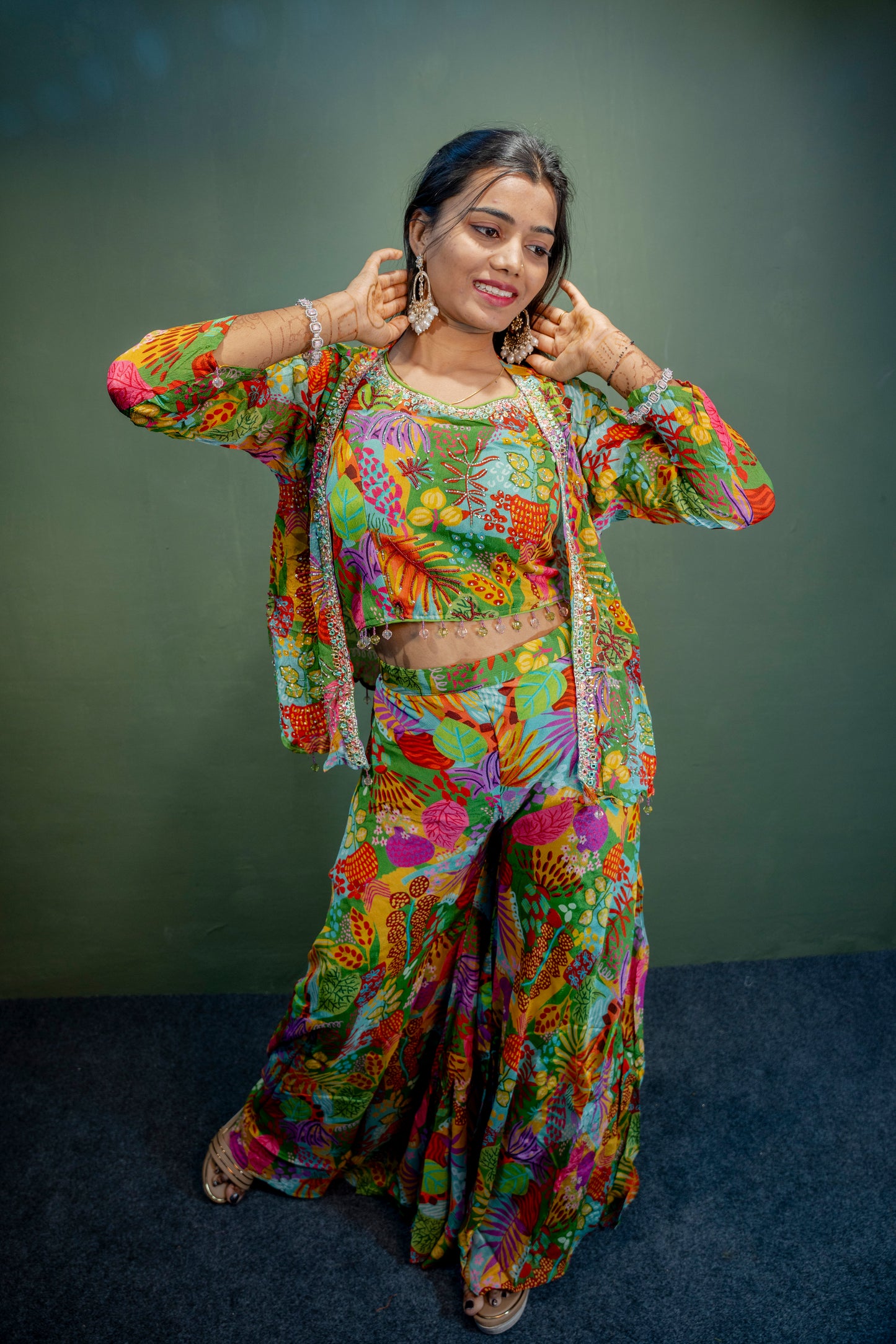 Sophisticated Multi-Colour Piping & Stone Work Indo-Western 3-Piece Set