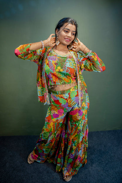 Sophisticated Multi-Colour Piping & Stone Work Indo-Western 3-Piece Set