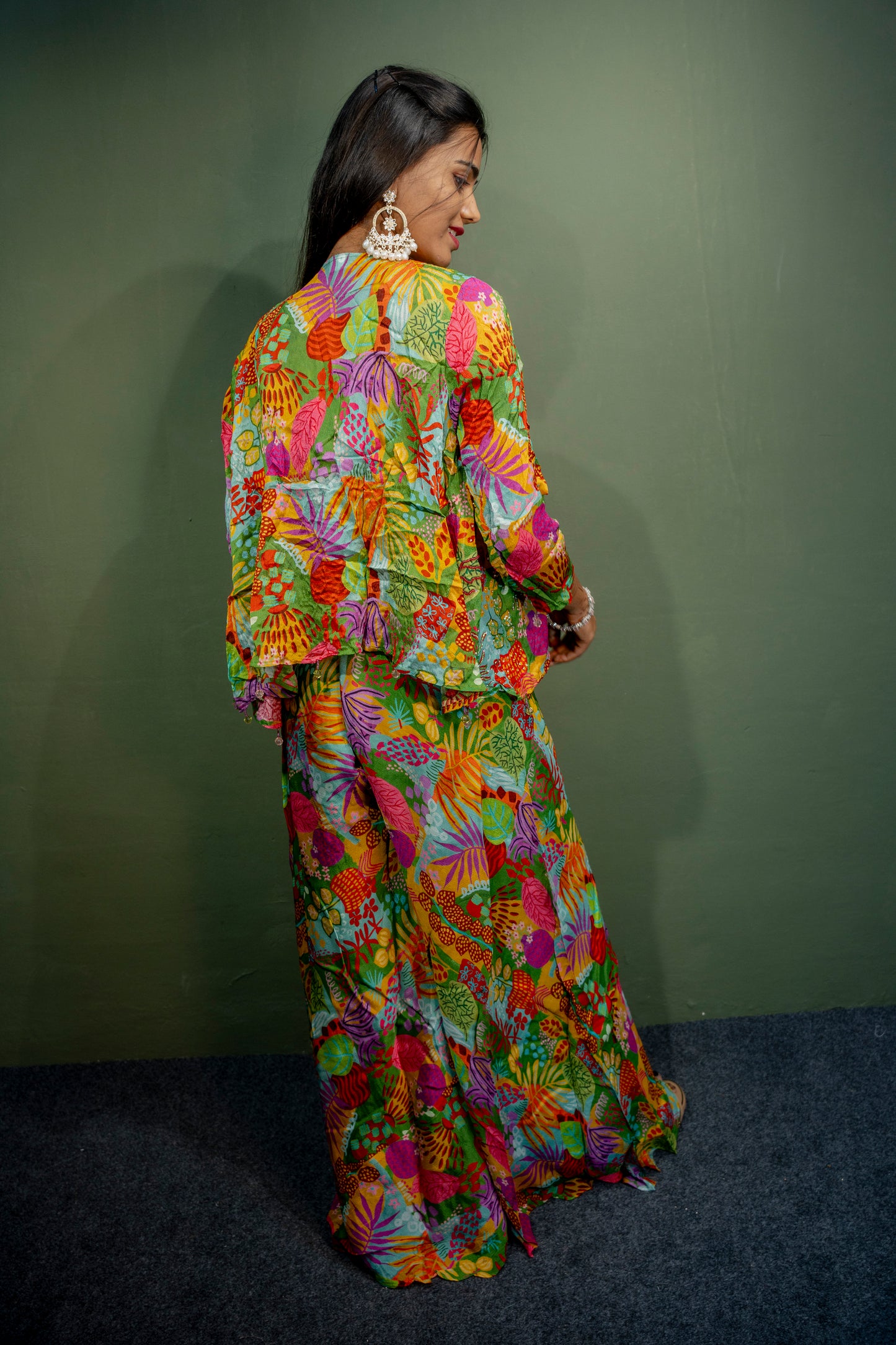 Sophisticated Multi-Colour Piping & Stone Work Indo-Western 3-Piece Set