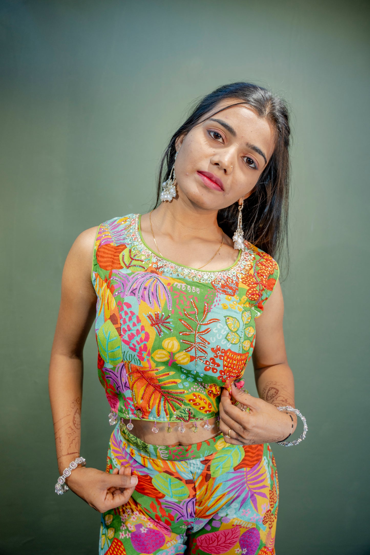 Sophisticated Multi-Colour Piping & Stone Work Indo-Western 3-Piece Set