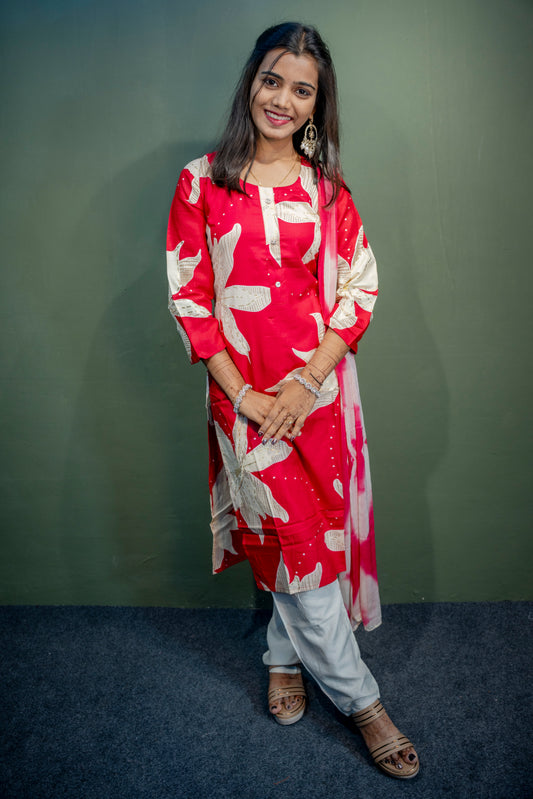 Red Roman Silk Dress with Digital Print