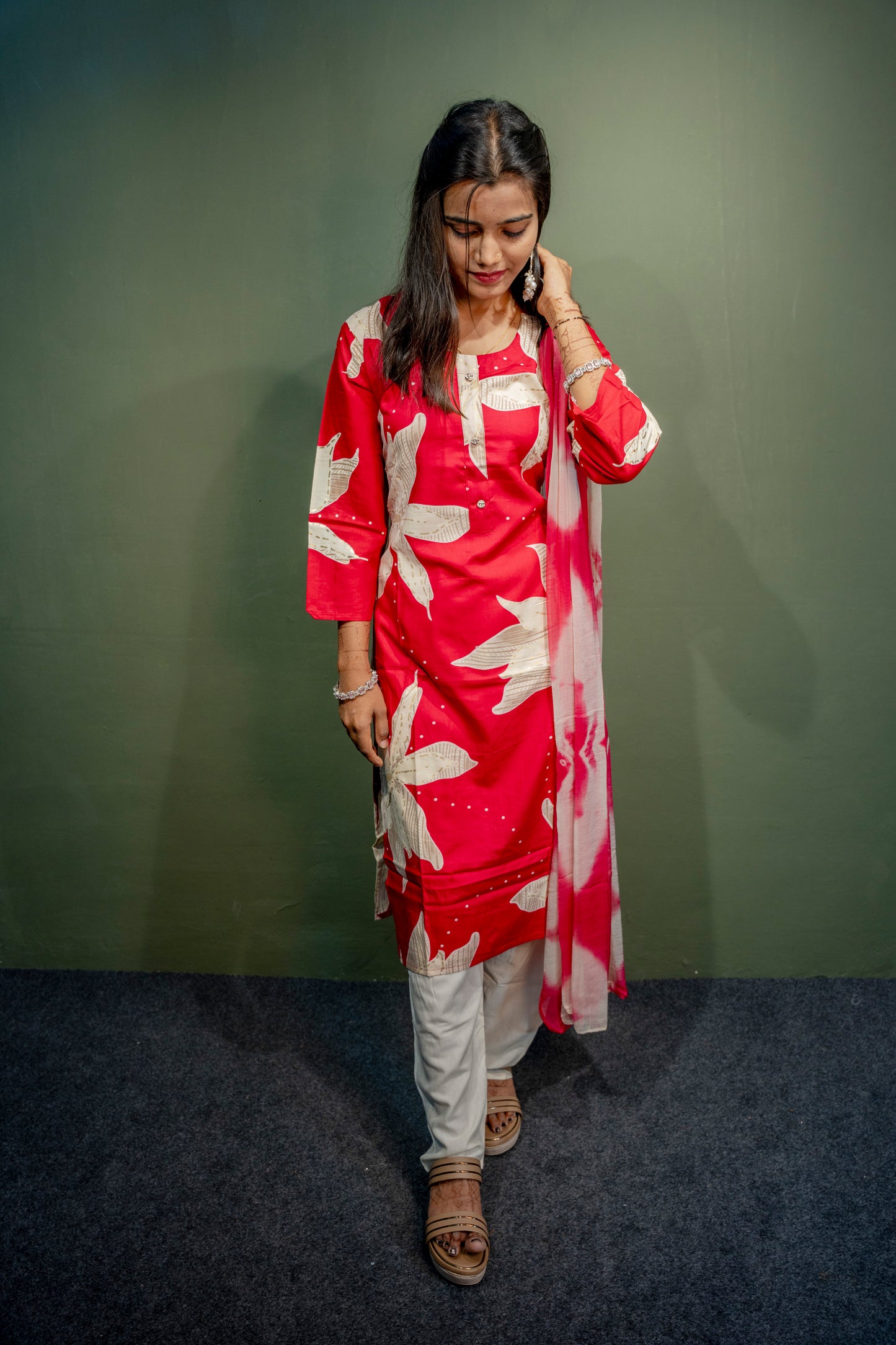 Red Roman Silk Dress with Digital Print