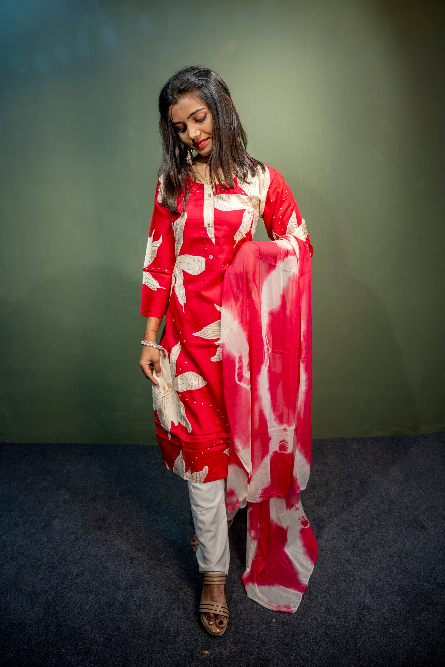 Red Roman Silk Dress with Digital Print