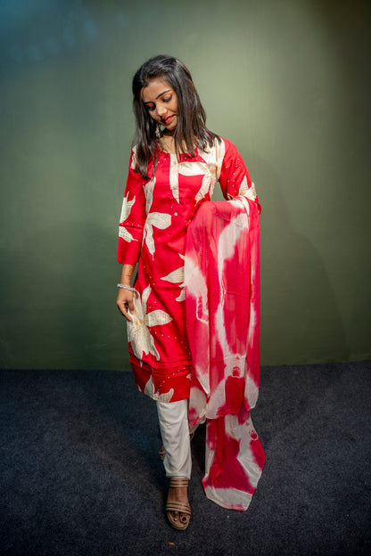 Red Roman Silk Dress with Digital Print