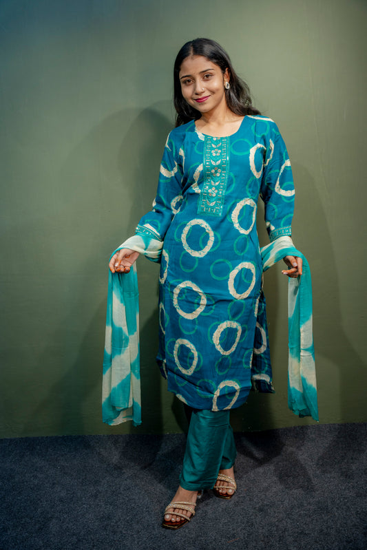 Dark Blue Roman Silk Dress with Digital Print & Piping Work