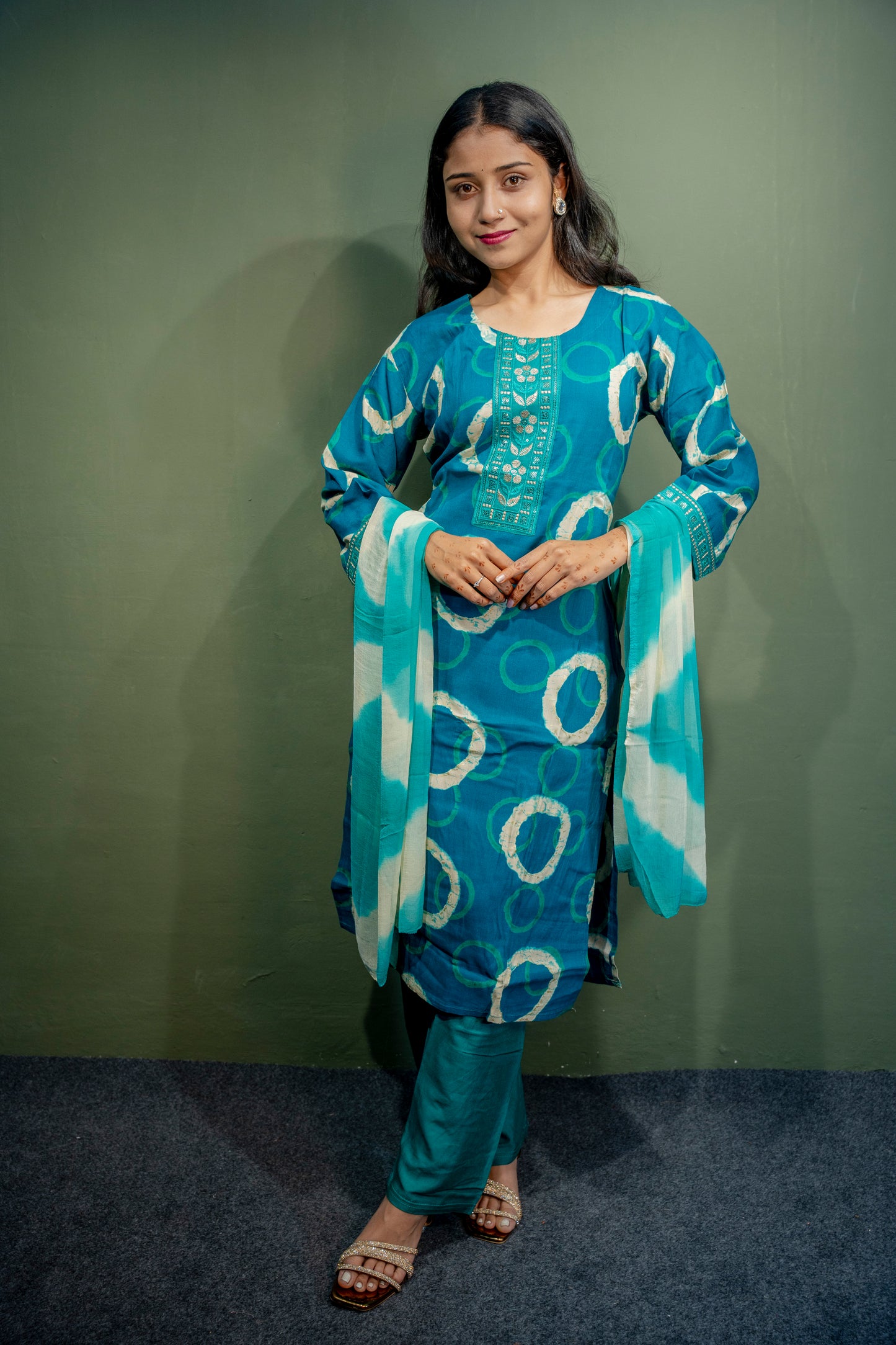 Dark Blue Roman Silk Dress with Digital Print & Piping Work