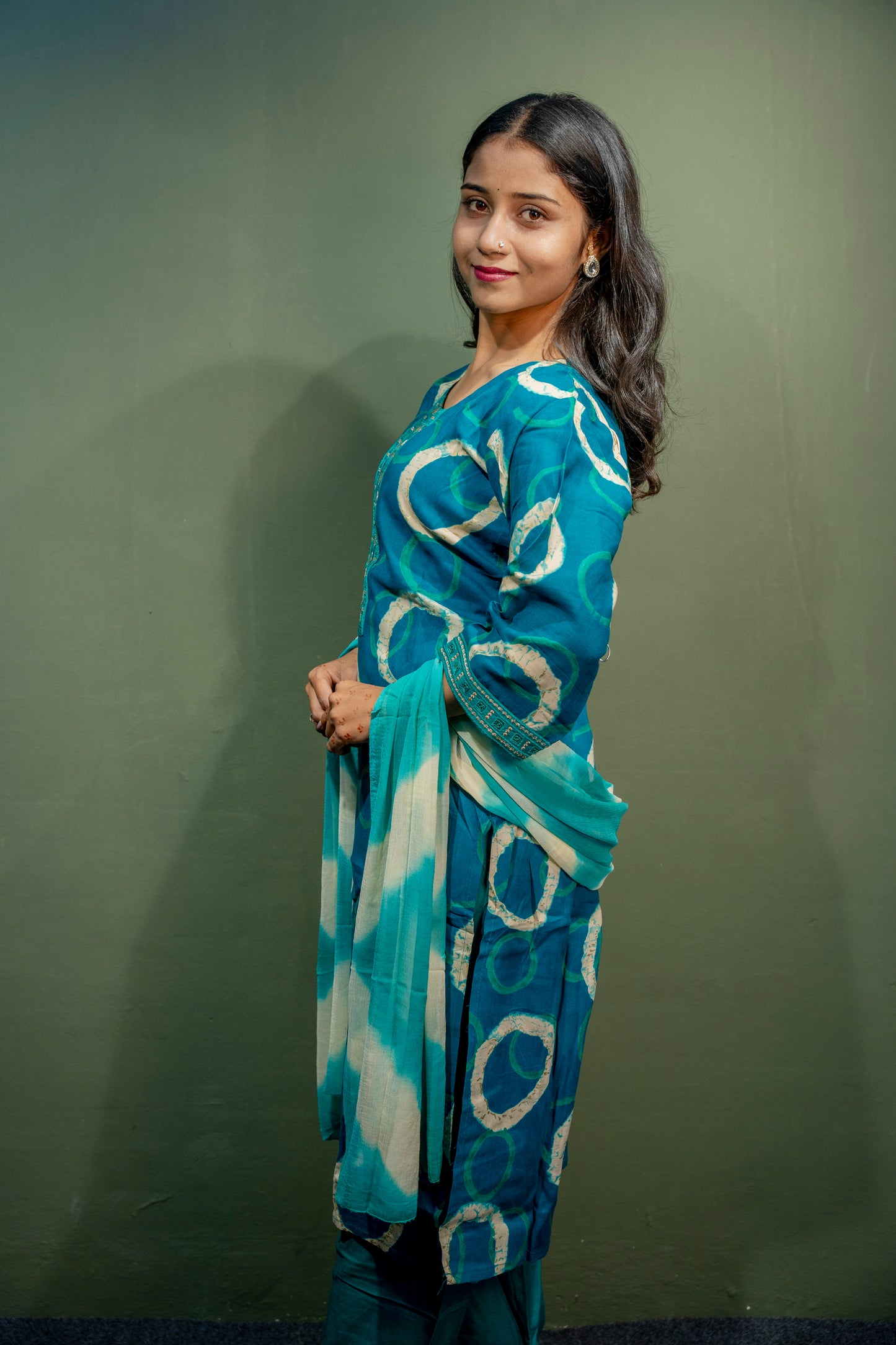 Dark Blue Roman Silk Dress with Digital Print & Piping Work