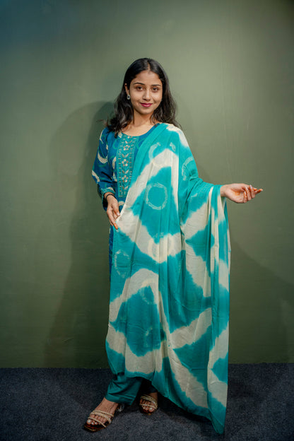 Dark Blue Roman Silk Dress with Digital Print & Piping Work