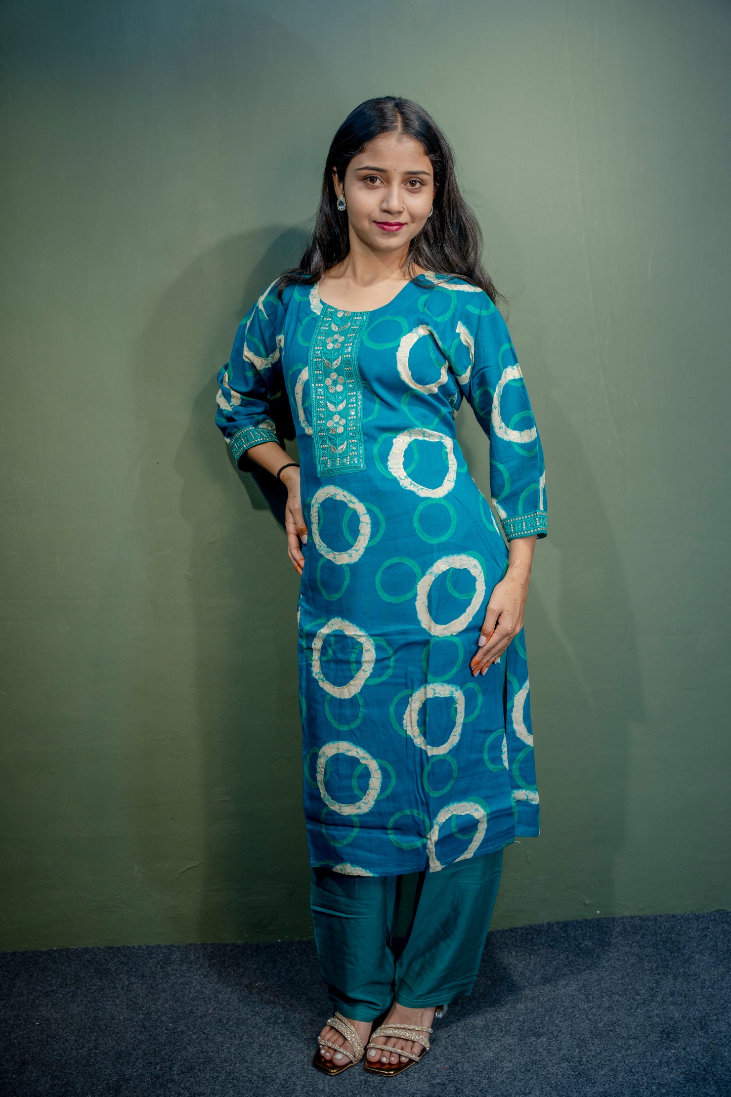 Dark Blue Roman Silk Dress with Digital Print & Piping Work