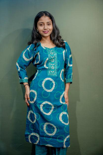 Dark Blue Roman Silk Dress with Digital Print & Piping Work
