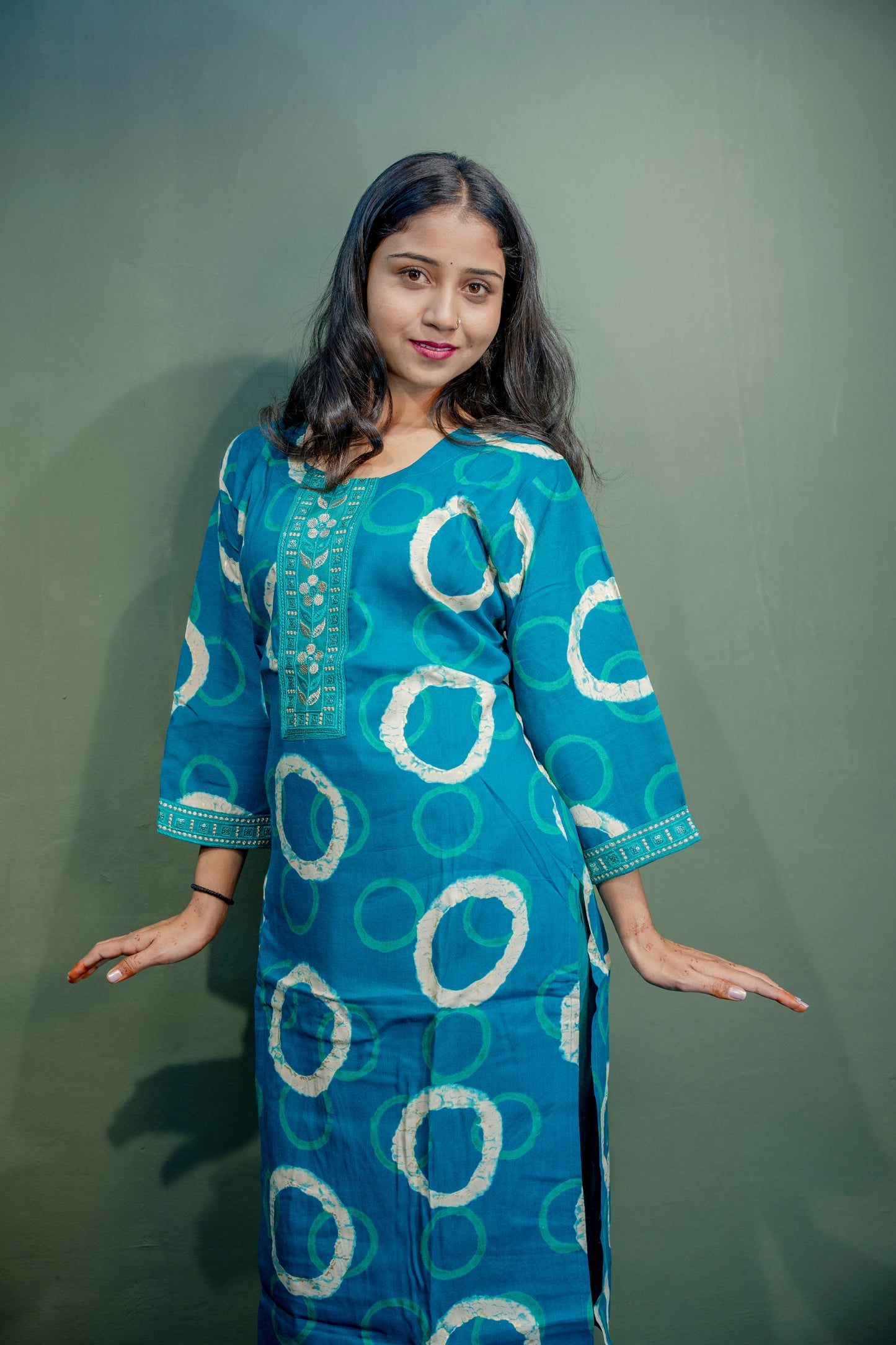Dark Blue Roman Silk Dress with Digital Print & Piping Work