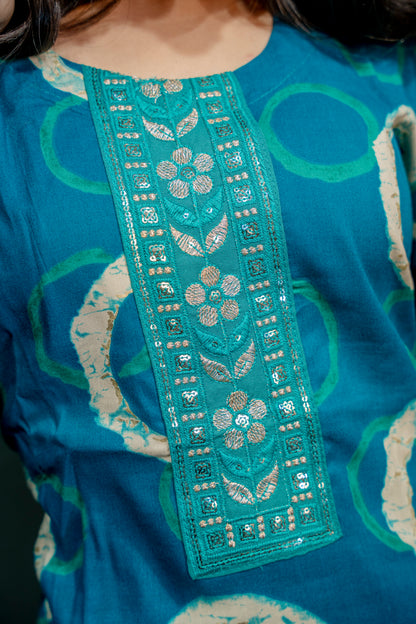 Dark Blue Roman Silk Dress with Digital Print & Piping Work