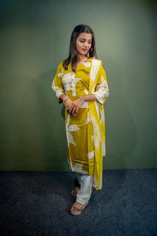 Lemon Yellow Roman Silk Dress with Digital Print