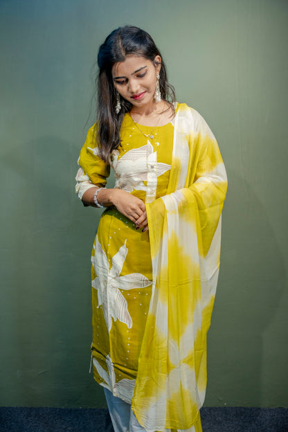 Lemon Yellow Roman Silk Dress with Digital Print