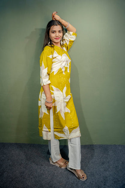 Lemon Yellow Roman Silk Dress with Digital Print