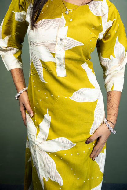 Lemon Yellow Roman Silk Dress with Digital Print