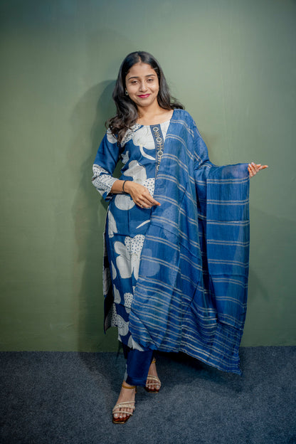 Navy Blue Roman Silk Dress with Digital Print & Piping Work