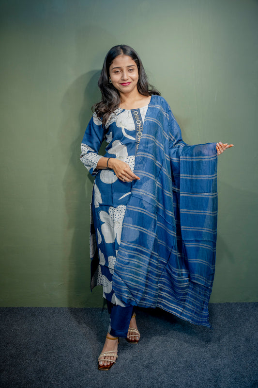 Navy Blue Roman Silk Dress with Digital Print & Piping Work