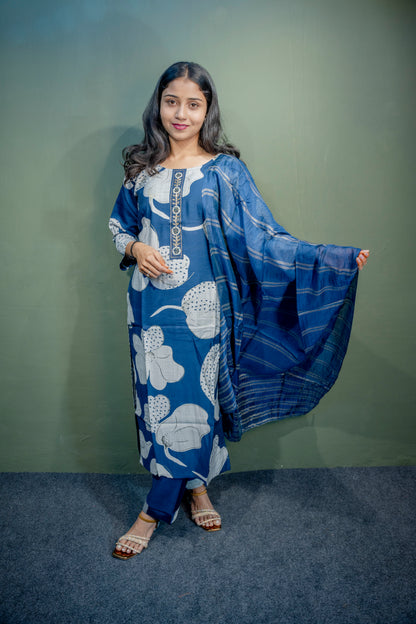 Navy Blue Roman Silk Dress with Digital Print & Piping Work