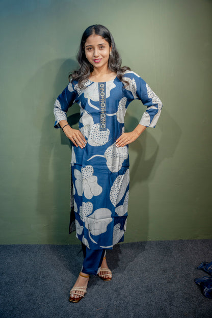 Navy Blue Roman Silk Dress with Digital Print & Piping Work