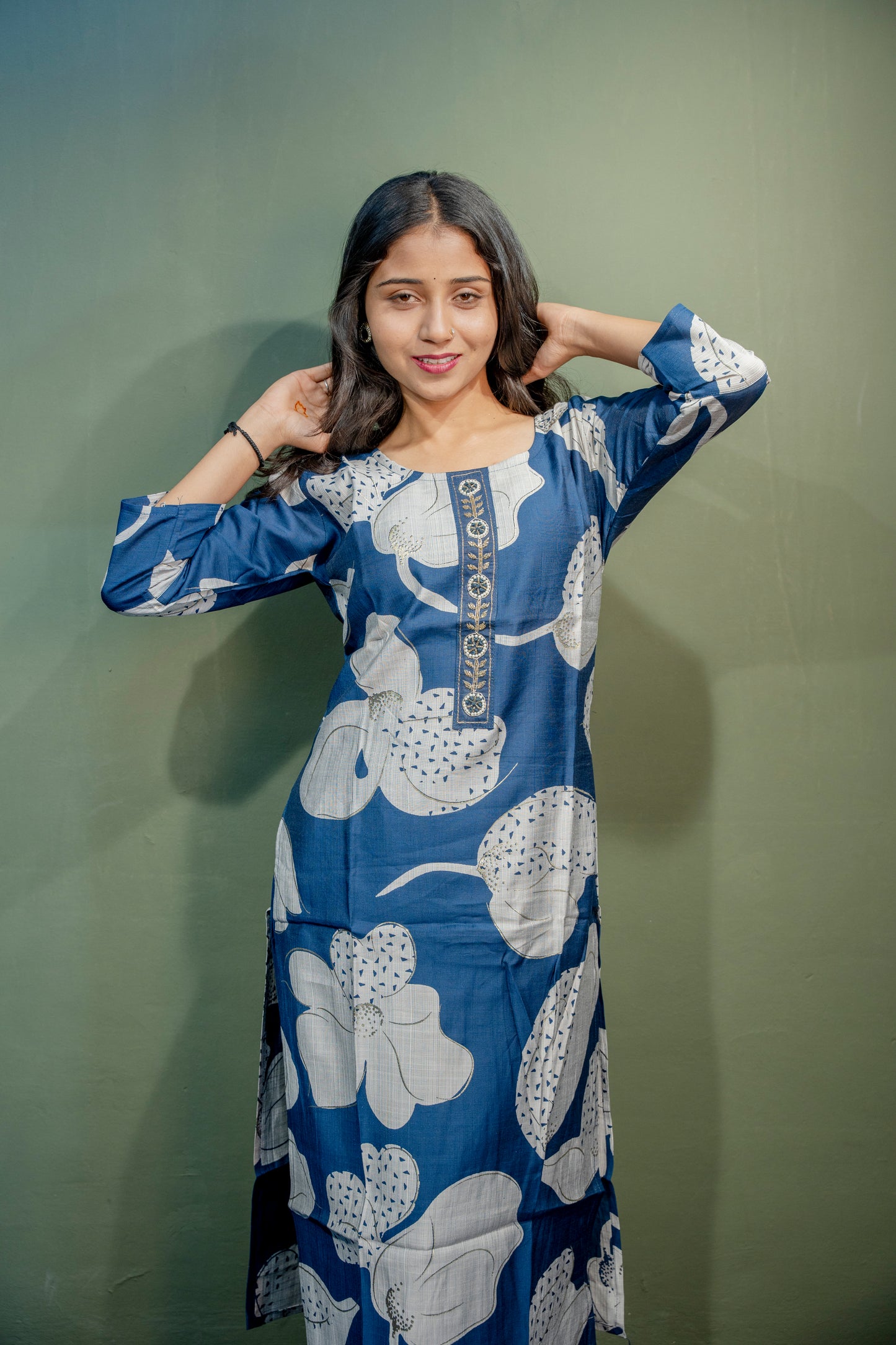 Navy Blue Roman Silk Dress with Digital Print & Piping Work