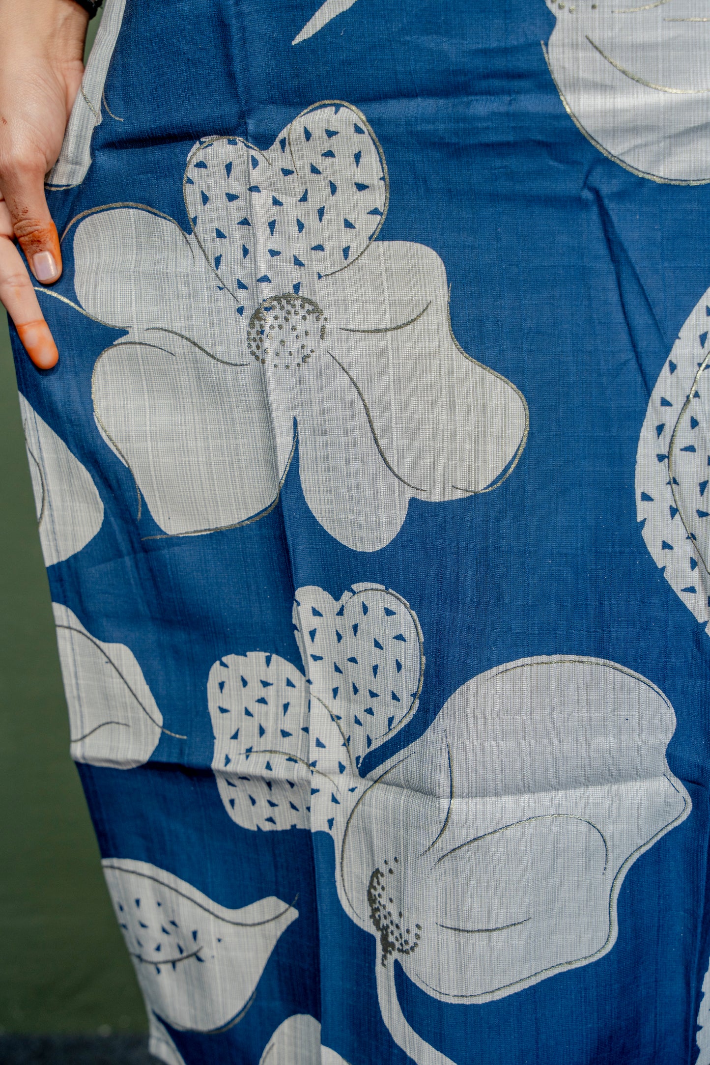 Navy Blue Roman Silk Dress with Digital Print & Piping Work