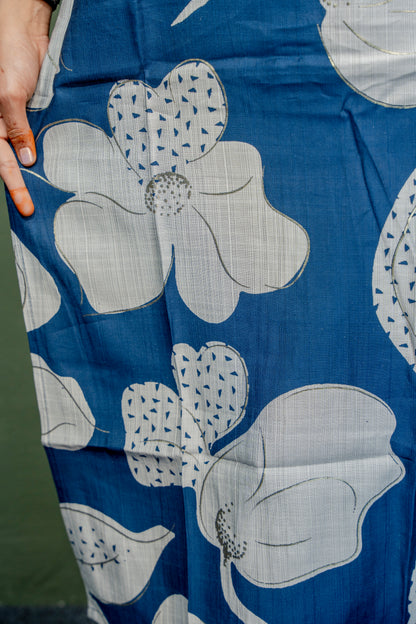 Navy Blue Roman Silk Dress with Digital Print & Piping Work