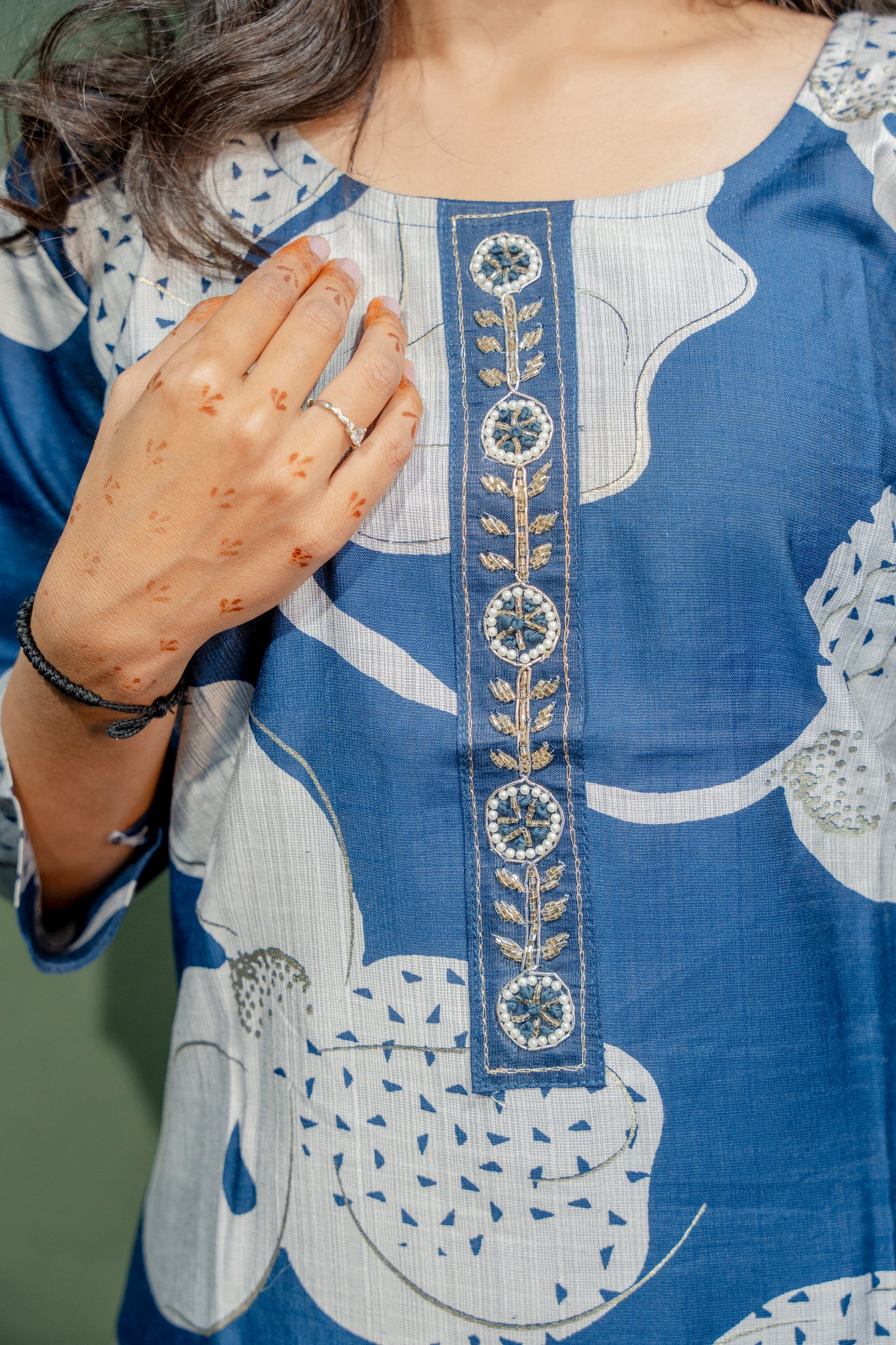 Navy Blue Roman Silk Dress with Digital Print & Piping Work