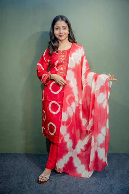 Red Roman Silk Dress with Digital Print & Piping Work