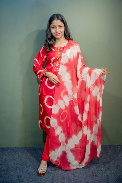 Red Roman Silk Dress with Digital Print & Piping Work