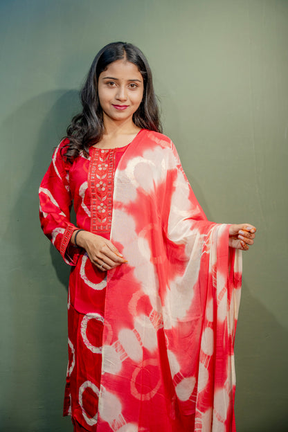 Red Roman Silk Dress with Digital Print & Piping Work