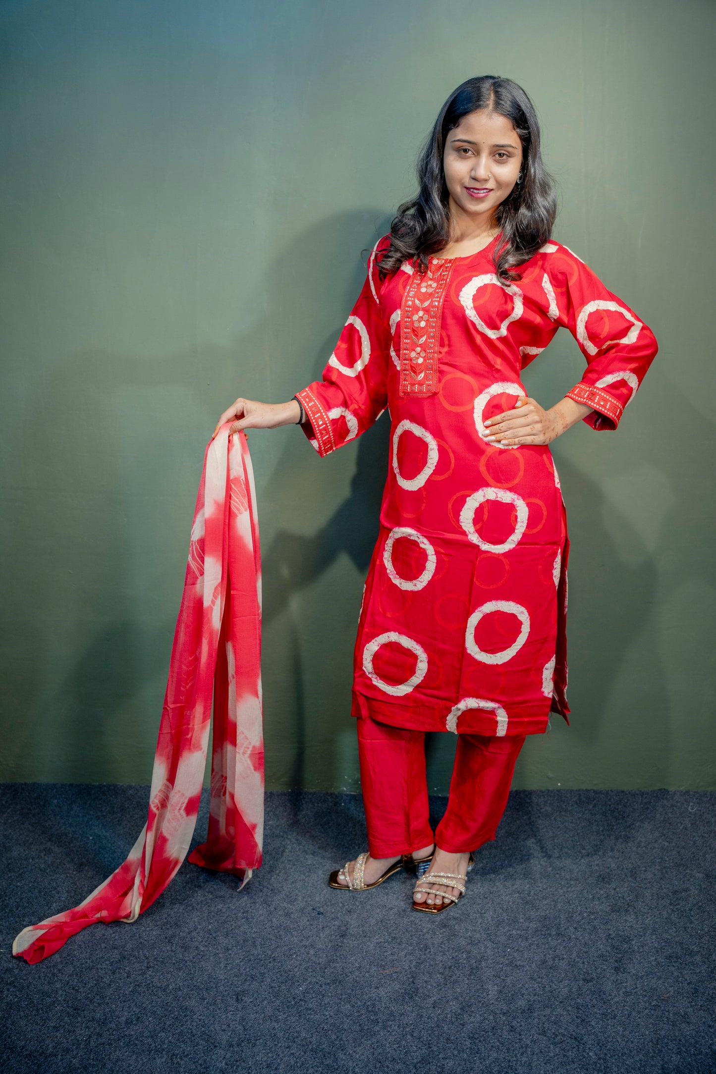 Red Roman Silk Dress with Digital Print & Piping Work