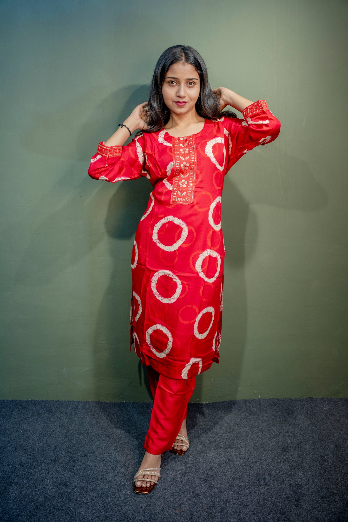 Red Roman Silk Dress with Digital Print & Piping Work