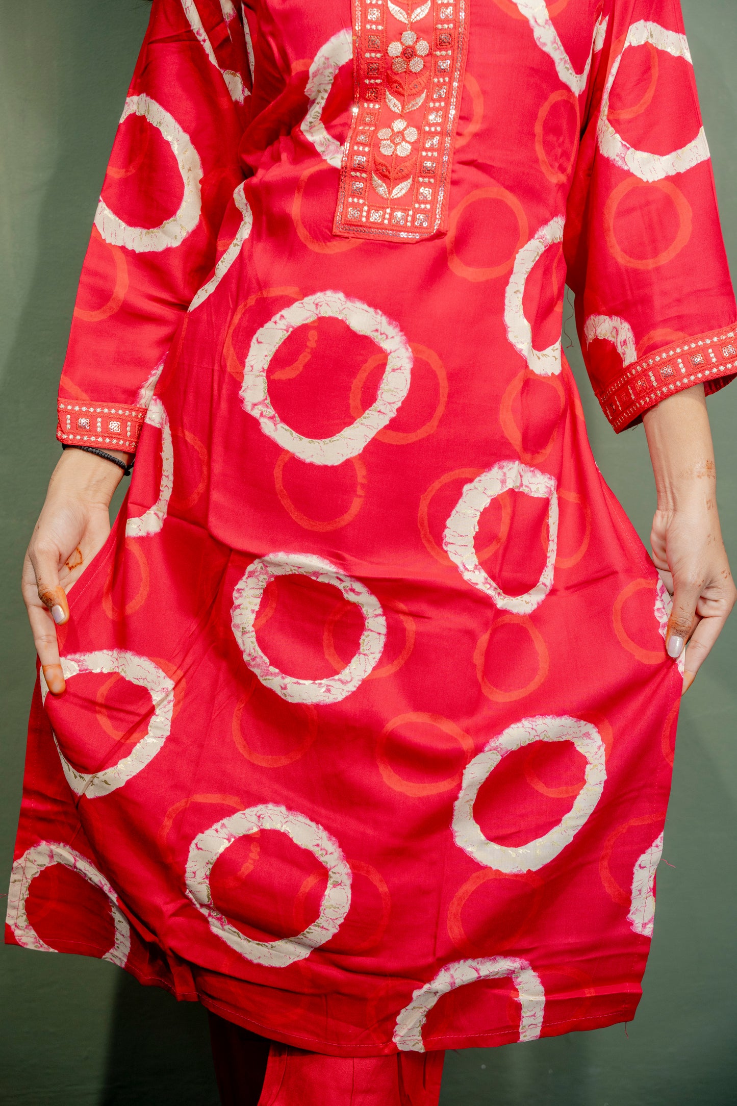 Red Roman Silk Dress with Digital Print & Piping Work