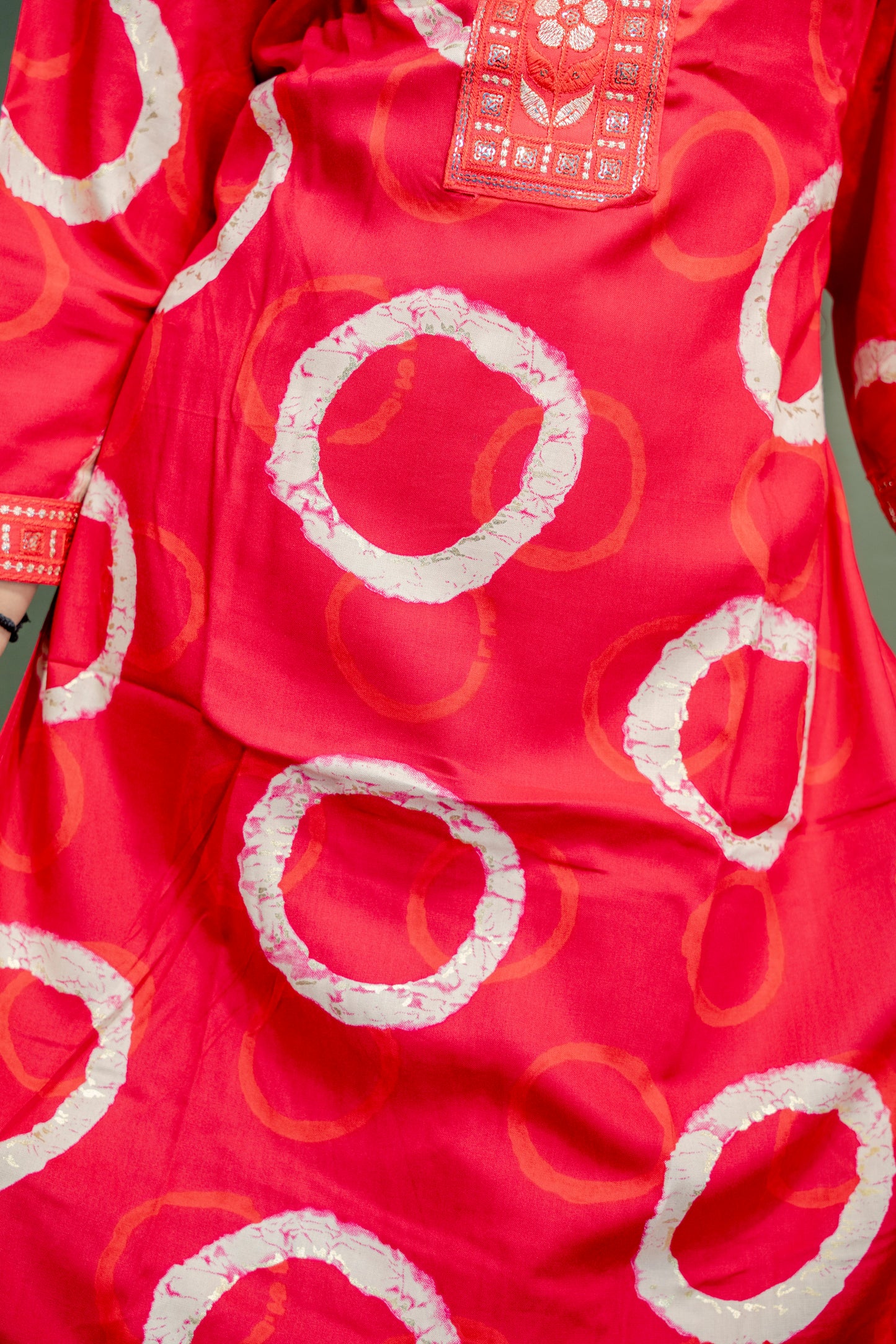 Red Roman Silk Dress with Digital Print & Piping Work