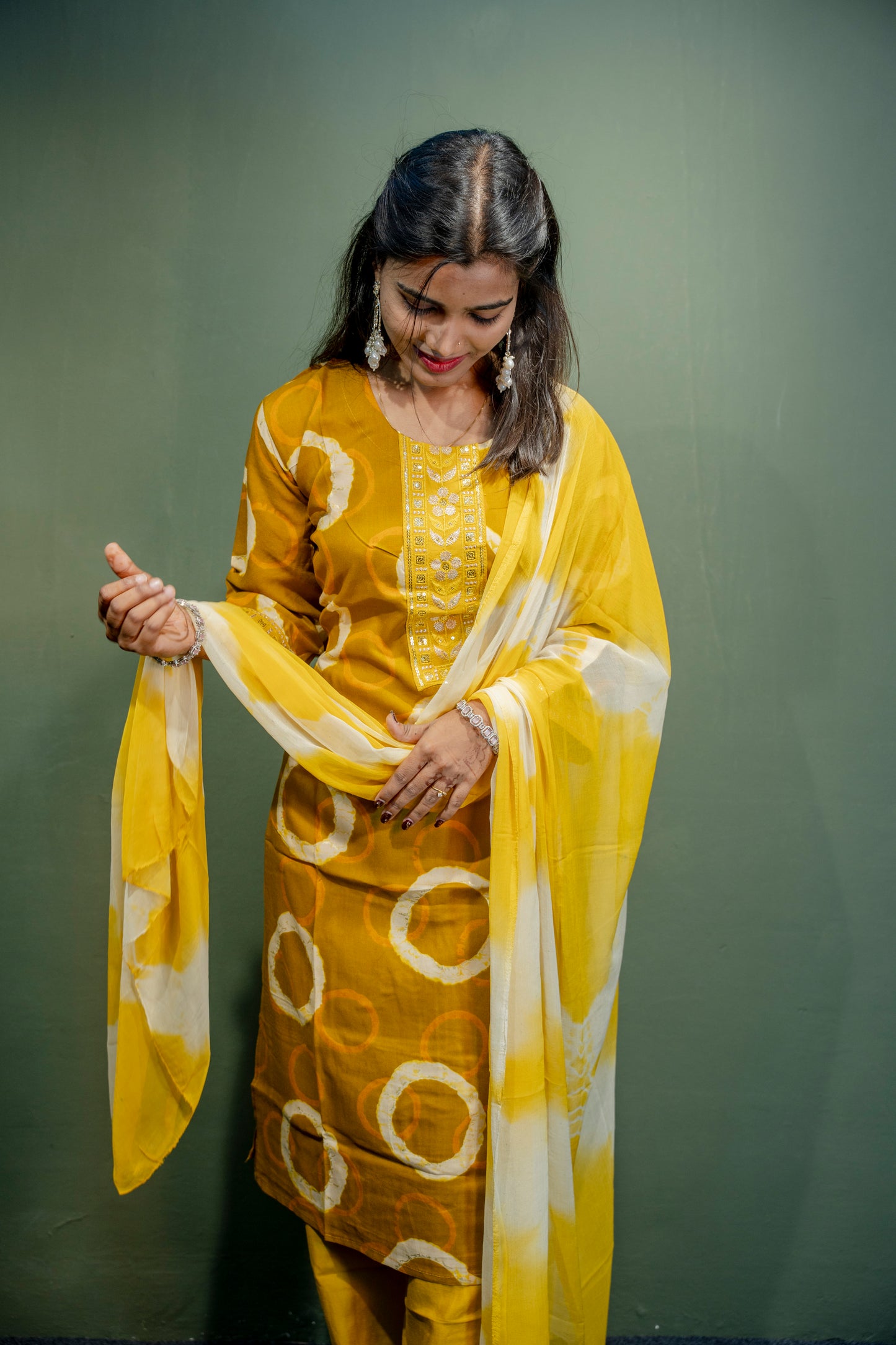 Yellow Roman Silk Dress with Digital Print & Piping Work