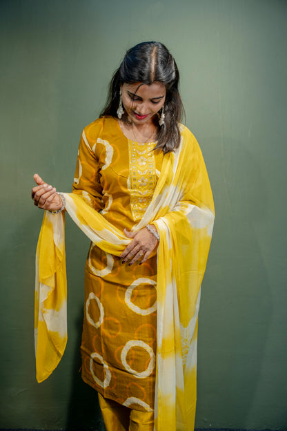 Yellow Roman Silk Dress with Digital Print & Piping Work