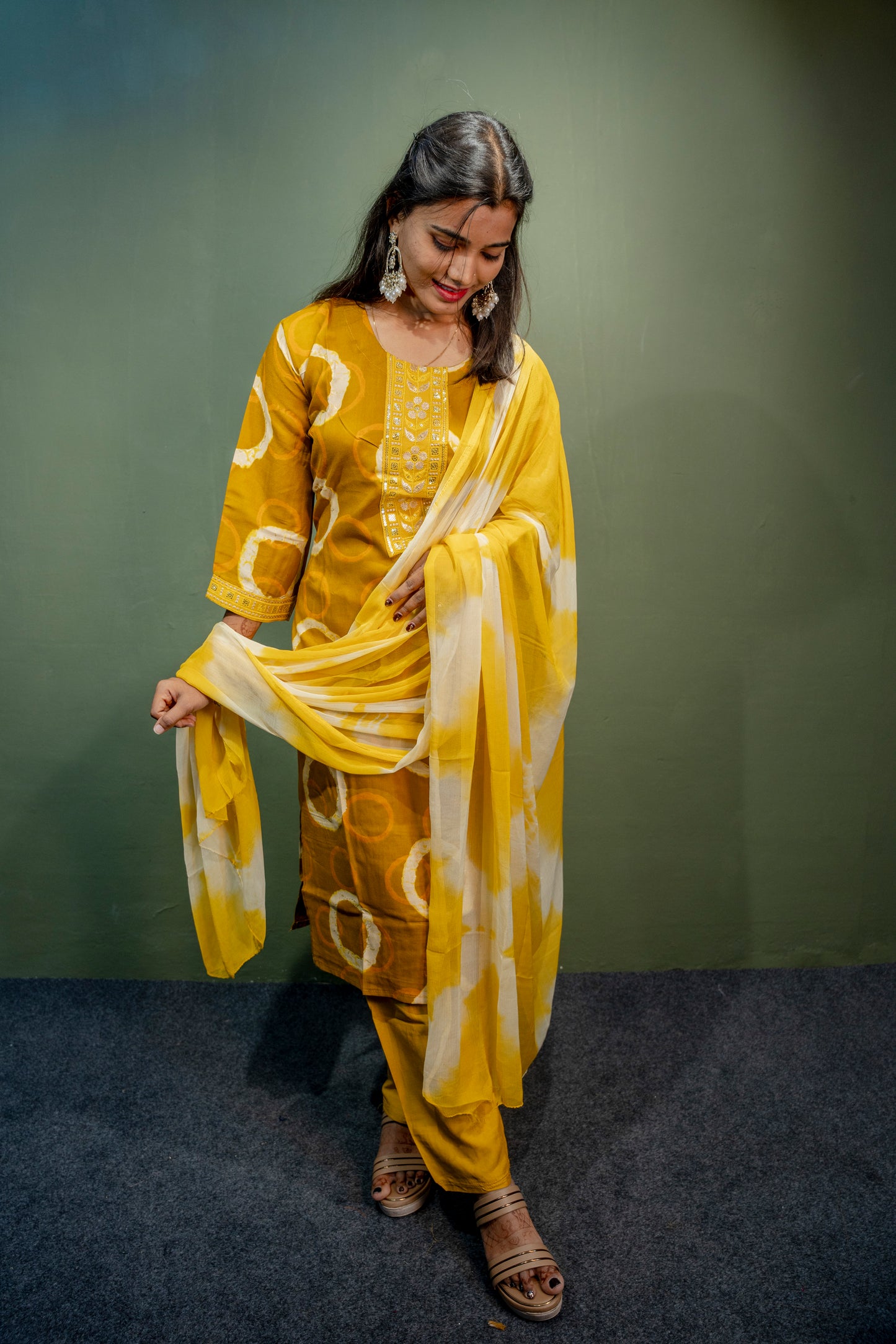 Yellow Roman Silk Dress with Digital Print & Piping Work