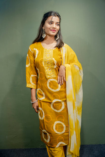 Yellow Roman Silk Dress with Digital Print & Piping Work