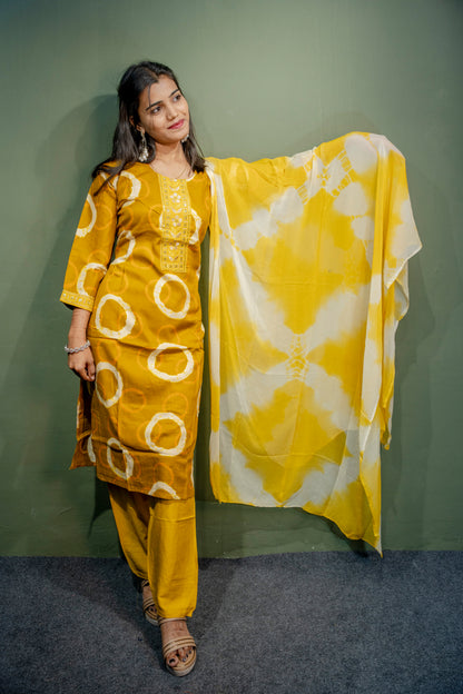 Yellow Roman Silk Dress with Digital Print & Piping Work