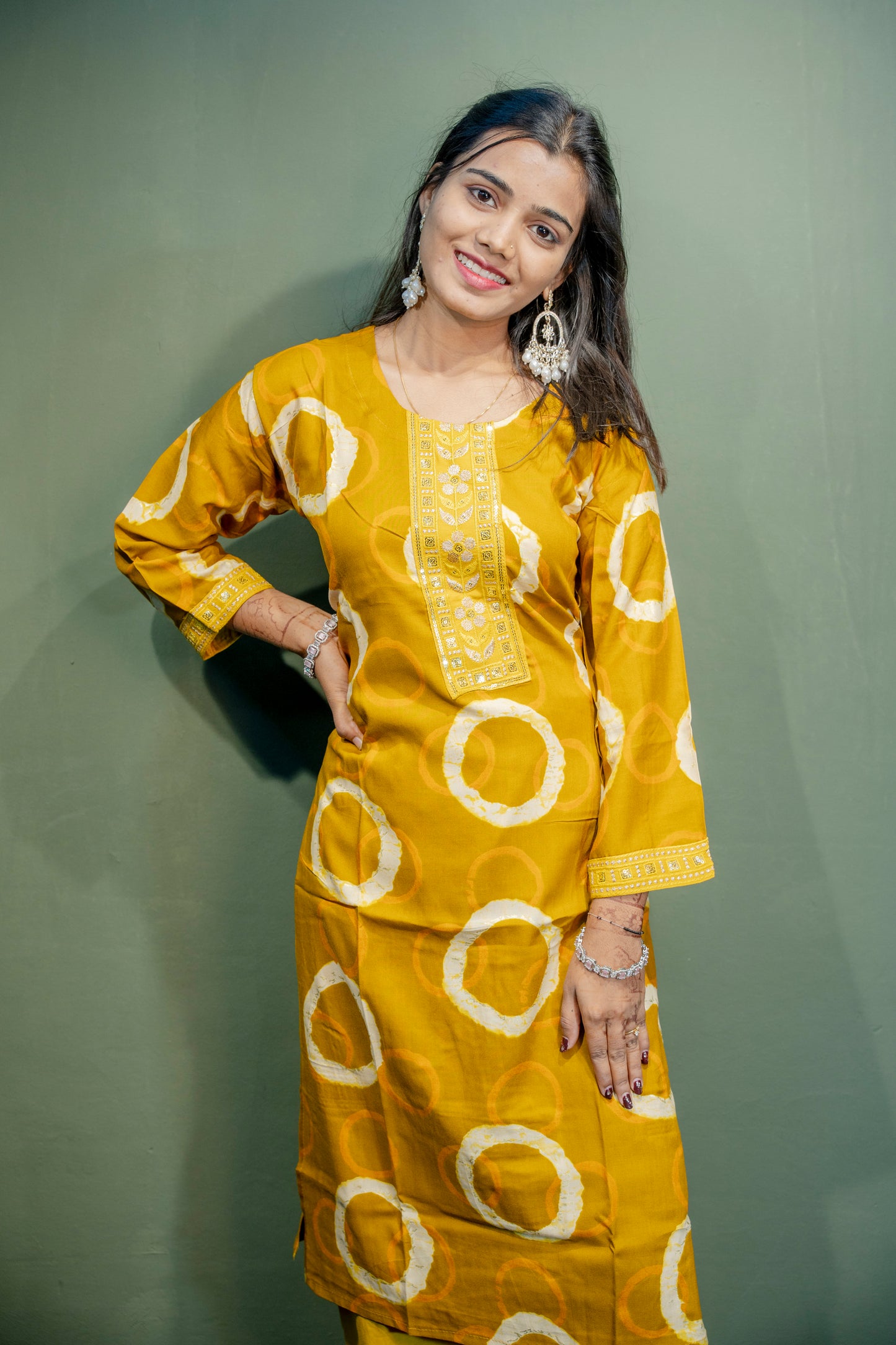 Yellow Roman Silk Dress with Digital Print & Piping Work