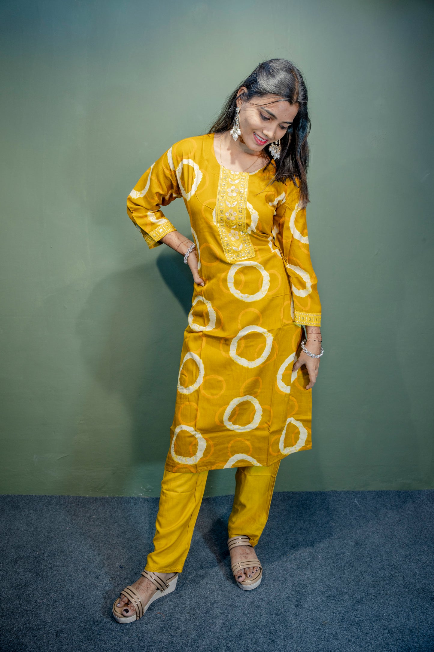 Yellow Roman Silk Dress with Digital Print & Piping Work