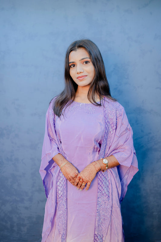 Lavender Indo-Western 3-Piece Set with Handcrafted Piping