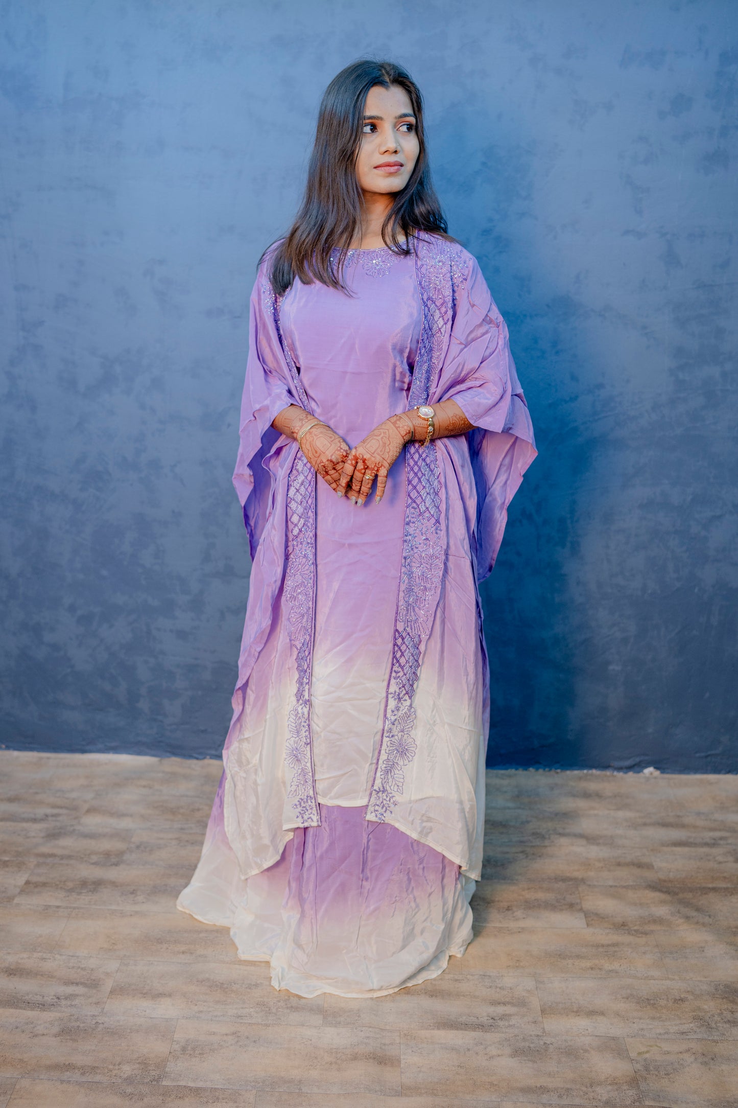 Lavender Indo-Western 3-Piece Set with Handcrafted Piping