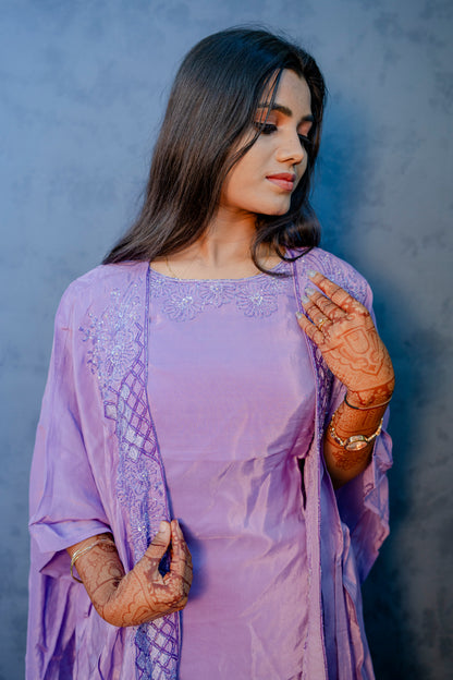 Lavender Indo-Western 3-Piece Set with Handcrafted Piping