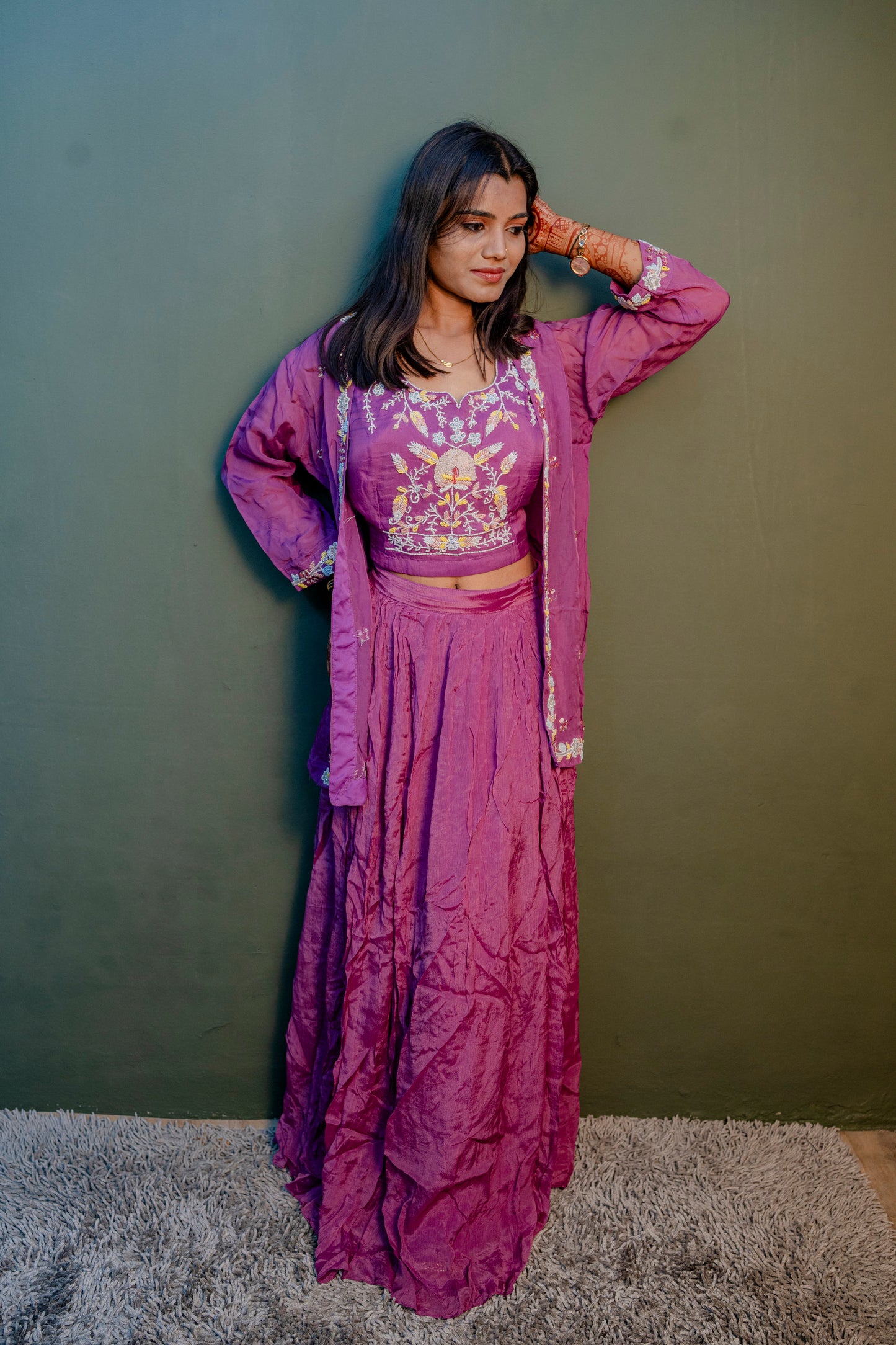Elegant Purple Thread Work Indo-Western 3-Piece Set
