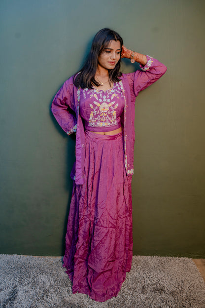 Elegant Purple Thread Work Indo-Western 3-Piece Set