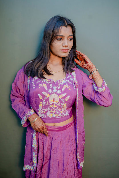 Elegant Purple Thread Work Indo-Western 3-Piece Set