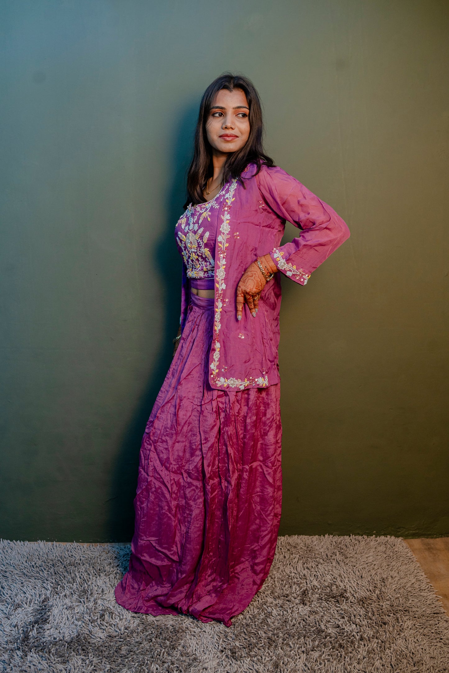 Elegant Purple Thread Work Indo-Western 3-Piece Set